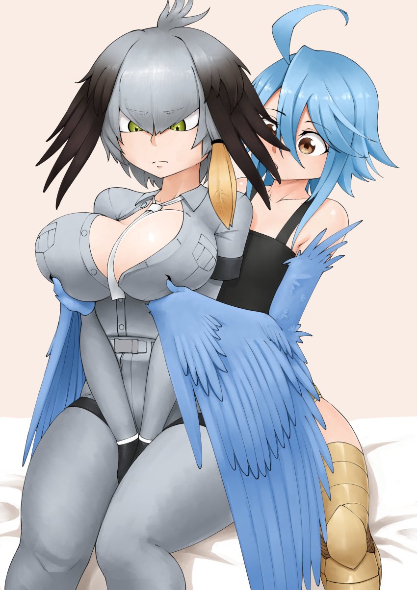 2girls ahoge bird_legs black_hair blue_feathers blue_hair breast_grab breasts brown_eyes cleavage feathered_wings feathers fully_clothed green_eyes grey_hair hands_between_legs harpy harpy_girl head_wings juliantheturtle kemono_friends large_breasts monster_girl monster_musume_no_iru_nichijou open_clothes open_shirt pale-skinned_female pale_skin papi_(monster_musume) shoebill_(kemono_friends) short_hair shorts small_breasts tank_top tie_between_breasts two_tone_hair yuri