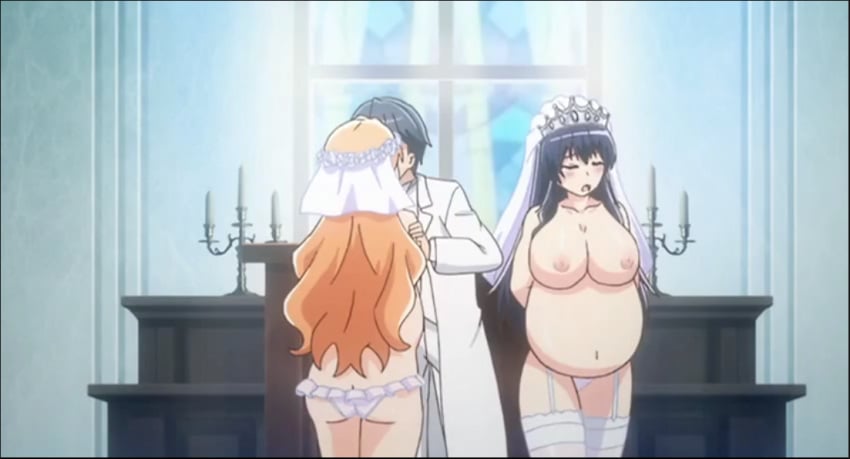 1boy 2girls ass black_hair breasts bridal_veil candle clothed_male_nude_female clothed_male_topless_female gigantic_breasts hatsunegaoka_yui honoo_no_haramase_oppai_ero_appli_gakuen huge_breasts majime_masato naked naked_female nipples nude nude_bride nude_female orange_hair pregnant pregnant_belly pregnant_bride pregnant_female pregnant_schoolgirl schoolgirl screencap tiara topless topless_female tuxedo uesaka_ayane wedding wedding_veil white_panties