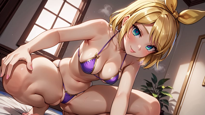 1girls ai_generated belly_button big_ass blonde_hair blue_eyes blush cameltoe hair_ribbon hanging_breasts kagamine_rin leaning_forward looking_at_viewer medium_breasts micro_bikini purple_bikini short_hair skindentation smiling squatting sweat thick_thighs vocaloid