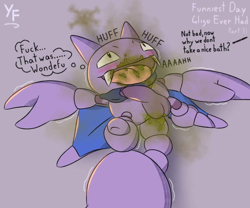 2024 6:5 alternate_color anthro balls bat breath digital_media_(artwork) duo english_text fan_character fates feces feces_in_mouth feces_on_balls feces_on_body feces_on_face feces_on_genitals generation_2_pokemon genitals gligar gligo looking_pleasured male mammal nintendo onomatopoeia open_mouth panting penis pokemon pokemon_(species) profanity purple_body purple_penis scarf scat scatplay signature smelly solo sound_effects stink_fumes stink_lines text thought_bubble tongue tongue_out