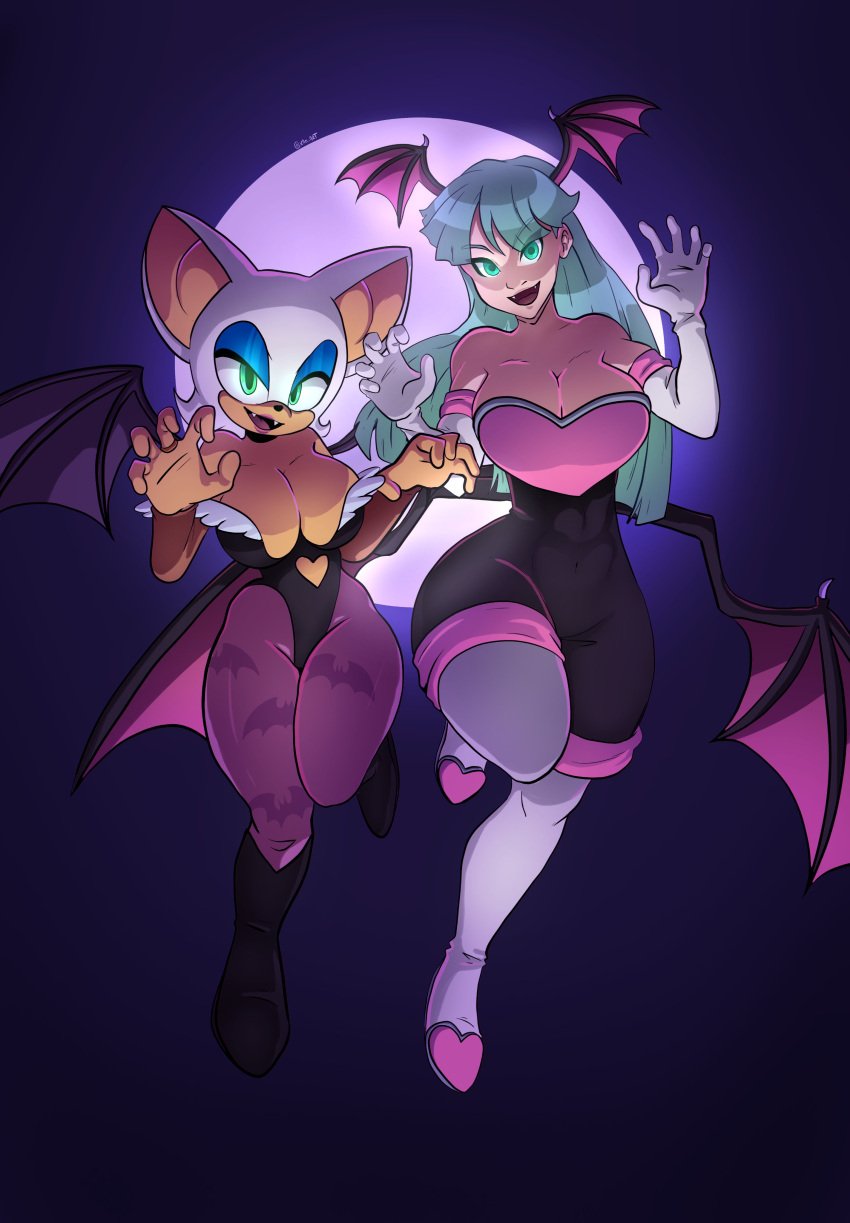 2girls anthro bat big_breasts big_ears breasts cosplay costume_switch crossover darkstalkers eyeshadow feet female female_only fur green_eyes green_hair halloween head_wings holidays huge_breasts large_breasts long_hair makeup mammal morrigan_aensland morrigan_aensland_(cosplay) multiple_girls nude nude_female outfit_swap rouge_the_bat rouge_the_bat_(cosplay) sega solo sonic_(series) sonic_the_hedgehog_(series) tail white_body white_fur wings xao_art