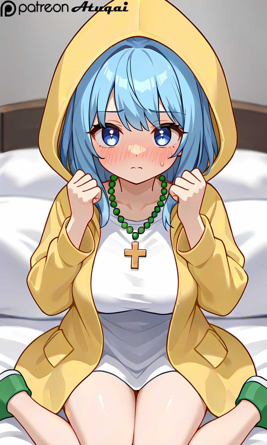 ai_generated atuqai bead_necklace big_breasts blue_eyes blue_hair full_face_blush luce_(vatican) yellow_outfit