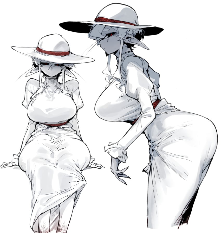 1girls doppel dress hat huge_breasts leaning_forward tight_clothing