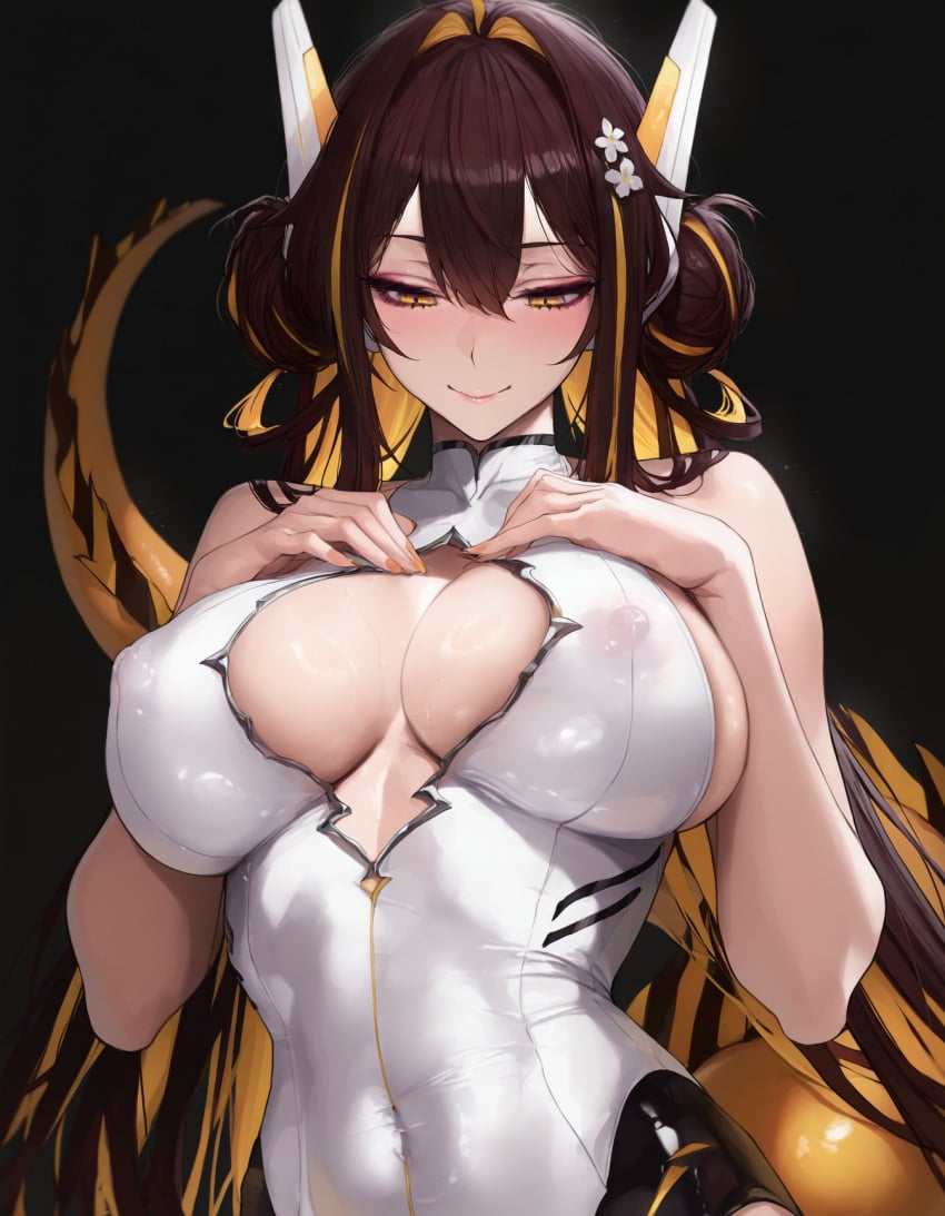 ai_generated big_breasts blush brown_hair e-sekai eel female female_only huge_breasts idol-en idol_corp juna_unagi nipples_visible_through_clothing virtual_youtuber vtuber white_skin yellow_eyes