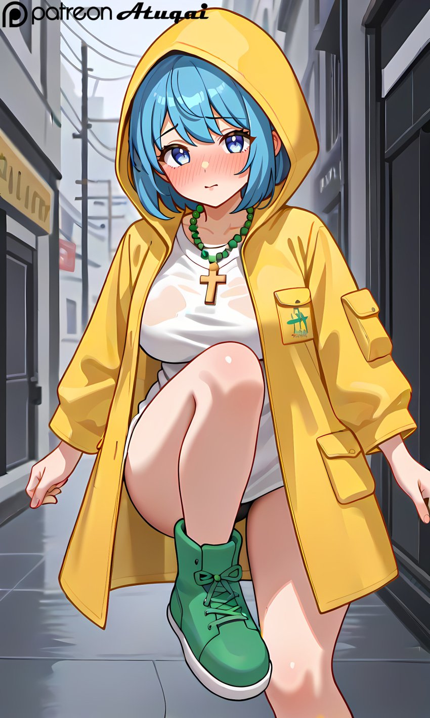 ai_generated atuqai bead_necklace big big_breasts blue_eyes blue_hair full_face_blush luce_(vatican) yellow_outfit