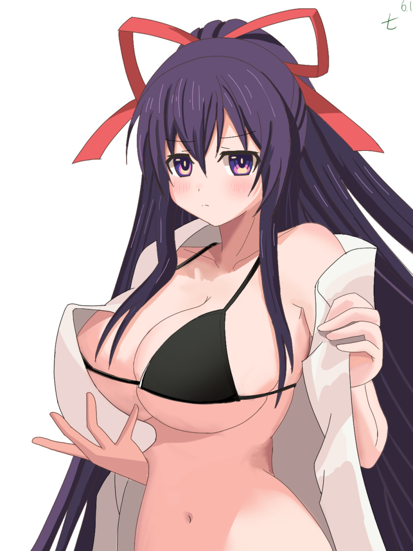 1girls 2d 2d_(artwork) belly_button big_breasts bikini bikini_top blush breasts date_a_live light-skinned_female long_hair looking_at_viewer purple_eyes purple_hair ribbon solo solo_female towel towel_around_neck upper_body yatogami_tohka