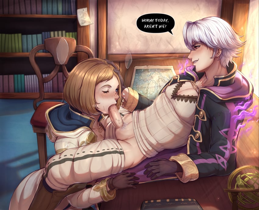 1boy 1girls aura blowjob blue_eyes blush book bookshelf chair evomanaphy fire_emblem fire_emblem_heroes freckles gloves grey_hair grima_(fire_emblem) indoors kiran_(fire_emblem) kiran_(fire_emblem)_(female) map medium_hair mostly_clothed nintendo on_knees one_eye_closed oral oral_sex penis red_eyes robin_(fire_emblem) robin_(fire_emblem)_(male) sandy_blonde_hair sitting_on_table smirk smirking_at_partner speech_bubble sucking_penis