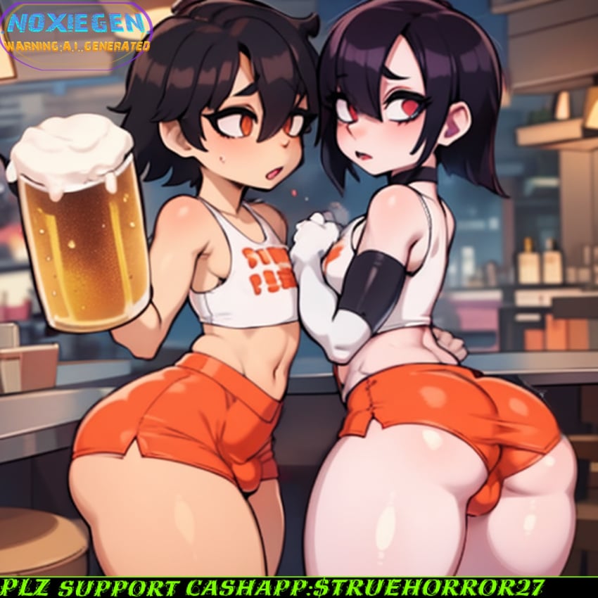 2boys 6_noxigen_9 ai_generated alcohol bar beer big_ass bulge crop_top femboy femboy_hooters femboy_only glossy_body goth makeup male male_only short_hair short_shorts waitress