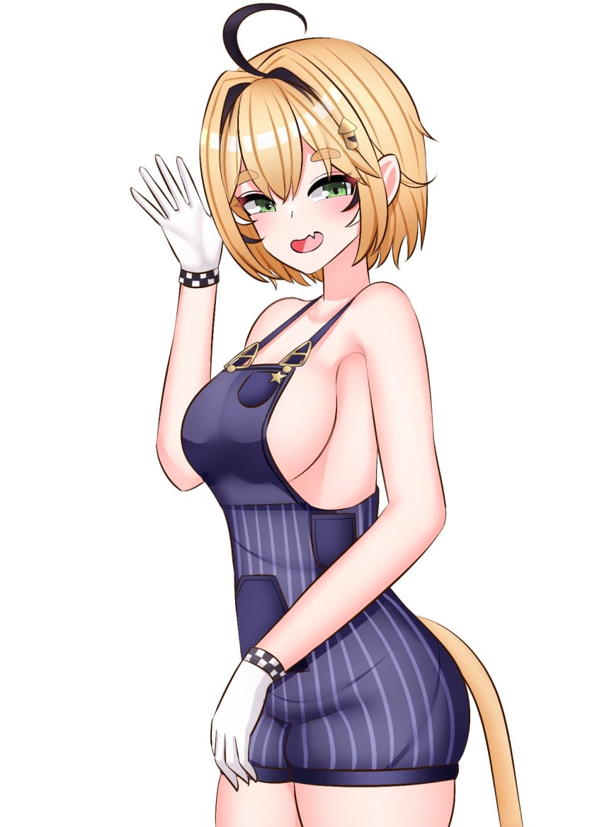 blonde_hair conductor_hat conductor_uniform dasmortred dooby3d gloves goggles green_eyes indie_virtual_youtuber jerboa jerboa_humanoid looking_at_viewer naked_under_clothes no_bra open_mouth sideboob simple_background tail virtual_youtuber waving_at_viewer white_background