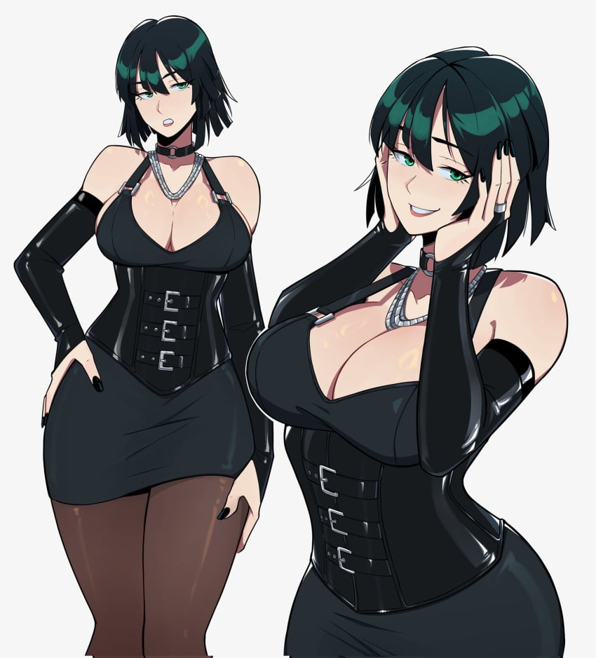 aneurysm_ax bare_shoulders black_corset black_dress black_hair black_nails blunt_bangs breasts choker corset dress elbow_gloves eyebrows_hidden_by_hair female fingernails fubuki_(one-punch_man) gloves green_eyes hair_between_eyes hand_on_own_hip hand_on_own_thigh hands_on_own_face highres jewelry large_breasts lips looking_at_viewer lower_lip_only multiple_views necklace o-ring o-ring_choker one-punch_man pantyhose plunging_neckline short_hair simple_background skirt teeth upper_body white_background