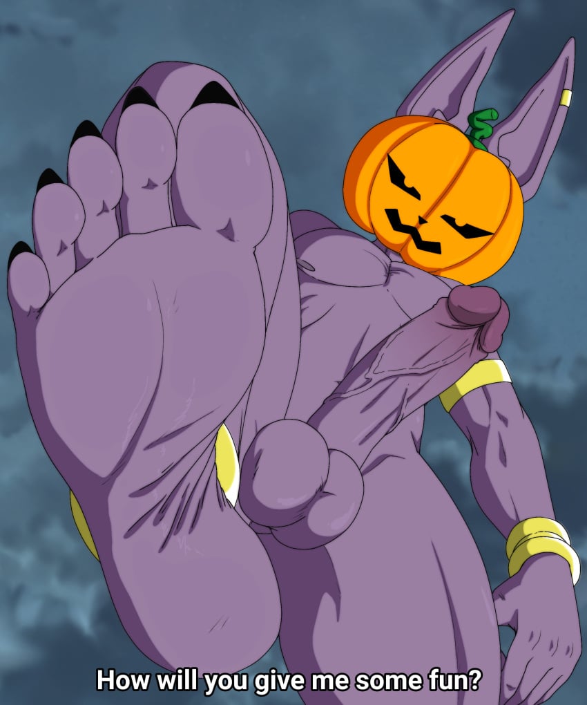 absurd_res balls barefoot beerus dialogue digital_drawing_(artwork) digital_media_(artwork) dragon_ball dragon_ball_super erection feet food foot_fetish foot_focus foot_ninja15 for_a_head fruit genitals hi_res humanoid male male_feet male_only nude object_head penis plant pumpkin pumpkin_head soles solo