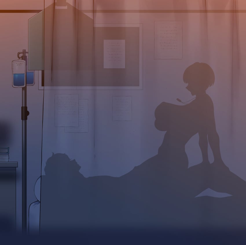 1boy absurdres ah-lyong_lee bed breasts cowgirl_position curtains female highres intravenous_drip jewelry joker_(persona) large_breasts lying necklace on_back persona persona_5 sex short_hair silhouette straddling straight tae_takemi