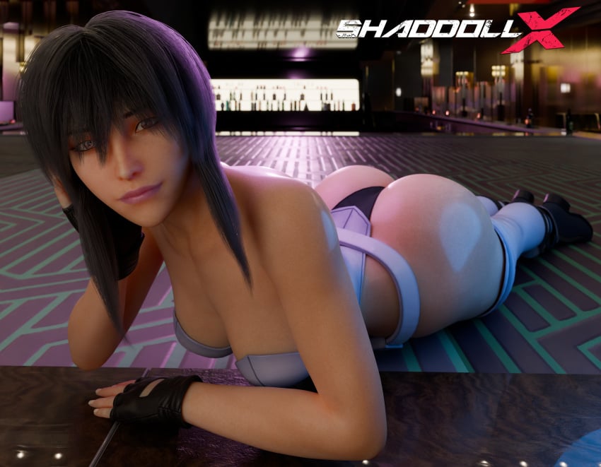 1girls 3d ass ass_focus big_ass kusanagi_motoko laying_on_stomach leotard lipstick looking_at_viewer oil oiled purple_hair shaddoll_x