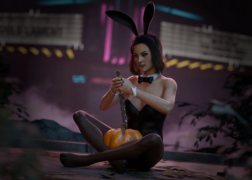 3d biting_lip biting_own_lip blender bunny bunny_costume bunny_ears bunnysuit dbd dead_by_daylight halloween_costume halloween_pumpkin halloween_theme knife pantyhose seductive sfw solo solo_female wawmes zarina_kassir