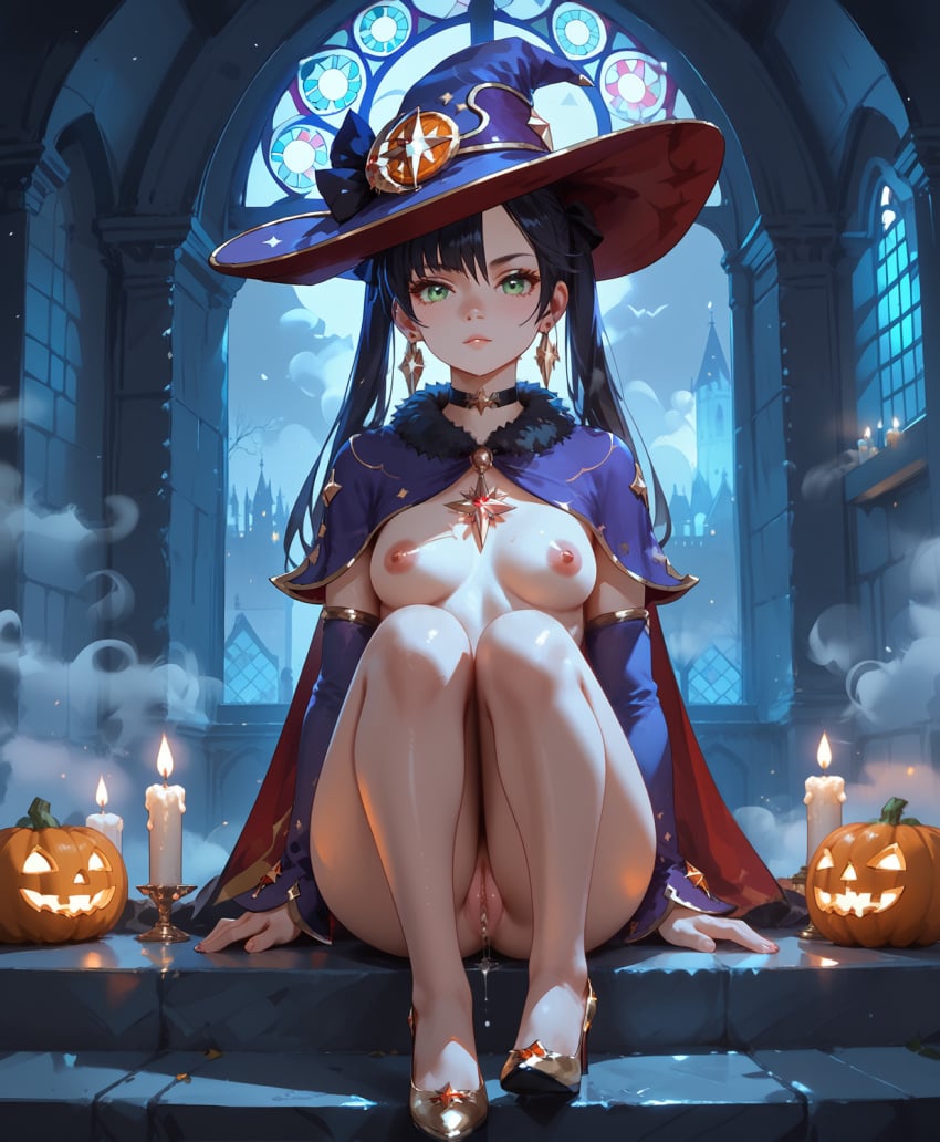 ai_generated akira_hentai altar black_choker black_gloves black_hair black_pantyhose bra breasts breasts_exposed candles capelet dark detached_sleeves female fur_collar genshin_impact gold_footwear halloween high_heels highleg_leotard long_hair long_sleeves magic mona_(genshin_impact) mysterious nipples pumpkins purple_leotard seductive shadows sitting stained_glass stone thighlet twintails