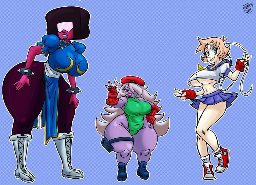 3girls amethyst_(steven_universe) big_ass big_breasts black_hair blue_eyes cammy_white_(cosplay) chun-li_(cosplay) cosplay garnet_(steven_universe) huge_breasts lipstick maikyoh peace_sign pearl_(steven_universe) purple_skin red_gloves red_shoes sakura_kasugano_(cosplay) school_uniform schoolgirl schoolgirl_uniform skirt spiked_bracelet steven_universe street_fighter tagme thick_thighs