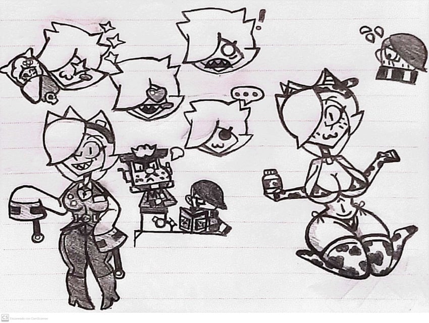 big_breasts bikini_top black_and_white brawl_stars colette_(brawl_stars) edgar_(brawl_stars) english_text griff_(brawl_stars) supercell