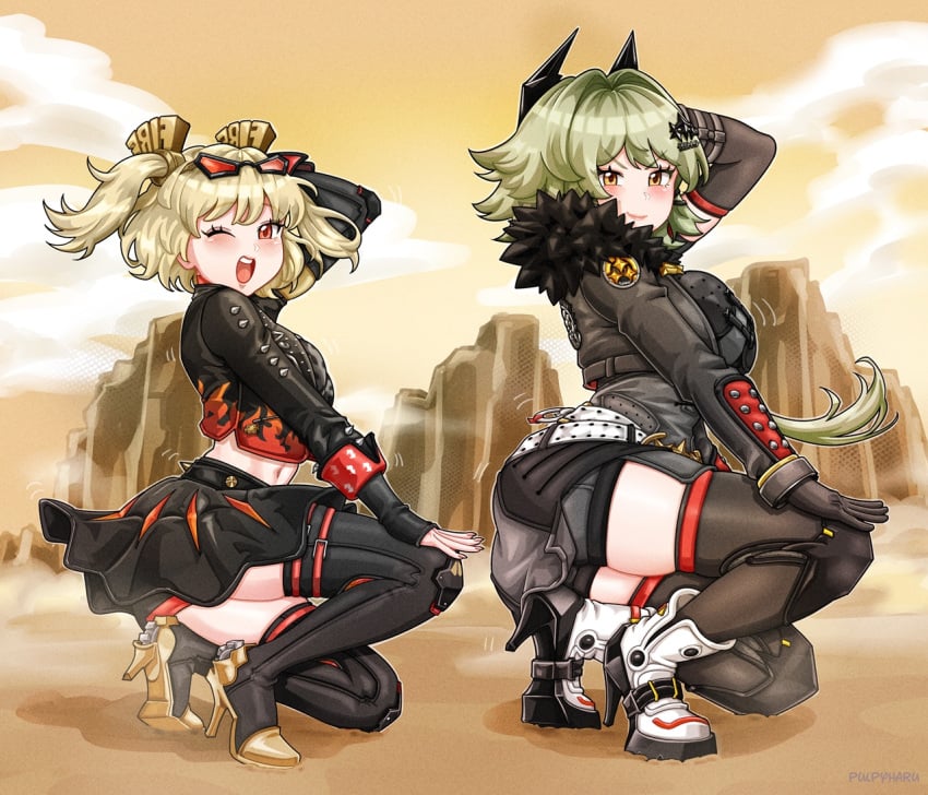 2girls best_girl big_breasts biker_girl black_gloves blonde_hair blush breasts burnice_white caesar_king desert female female_only flame_print gloves green_hair hair_ornament hand_behind_head heels large_breasts leather_jacket looking_at_viewer midriff mihoyo navel on_knee outdoors pale-skinned_female pale_skin posing pulpyharu red_eyes skirt squatting stockings sunglasses sunglasses_on_head thick_thighs twintails wink winking_at_viewer yellow_eyes zenless_zone_zero