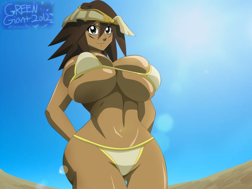 2012 abs alternate_breast_size big_breasts bikini breasts brown_hair bursting_breasts cleavage curvaceous curvy dark-skinned_female dark_skin dated desert egyptian eye_contact female green_eyes greengiant2012 huge_breasts konami looking_at_viewer mana_(yu-gi-oh!) shiny_skin smile solo spiky_hair swimsuit text thick thick_thighs underboob voluptuous white_bikini white_swimsuit wide_hips yu-gi-oh! yu-gi-oh!_duel_monsters