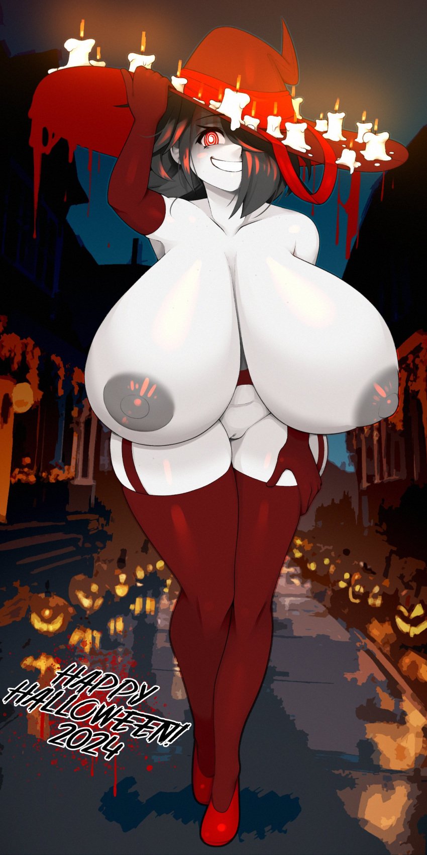 1girls big_ass big_breasts candle elbow_gloves endless_inferno grey_hair halloween heels huge_breasts leaning_forward looking_at_viewer pale-skinned_female red_eyes smiling smiling_at_viewer tagme thick_thighs thighhighs witch witch_hat