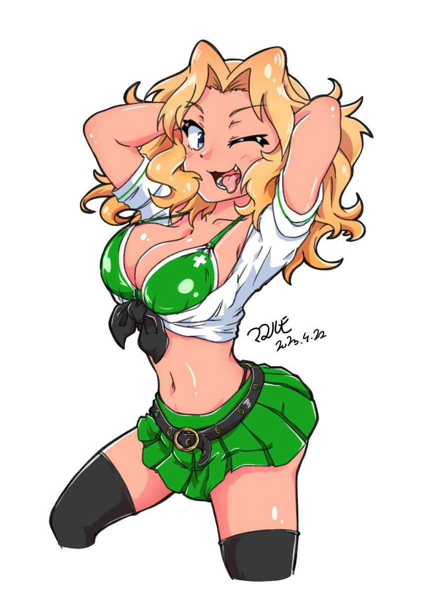 blonde_hair blue_eyes blush bra breasts breasts_out cleavage female girls_und_panzer gyaru kay_(girls_und_panzer) large_breasts navel one_eye_closed ooarai_school_uniform open_mouth solo tan ten_musu_inu tied_shirt tongue_out