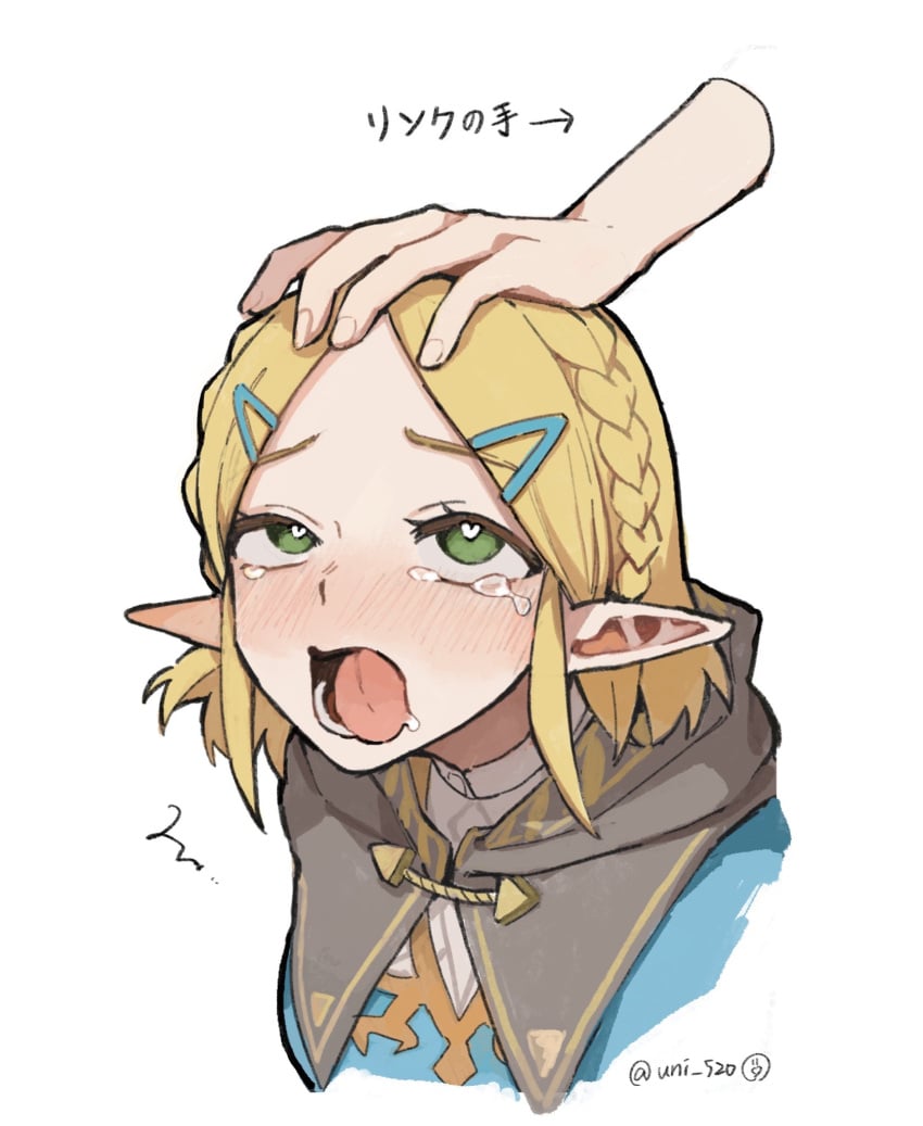 1girls ahe_gao blonde_hair blush elf_ears green_eyes headpat heart-shaped_pupils link nintendo princess_zelda rolling_eyes tears tears_of_the_kingdom the_legend_of_zelda tongue_out uncommon_stimulation uni_520 zelda_(tears_of_the_kingdom)