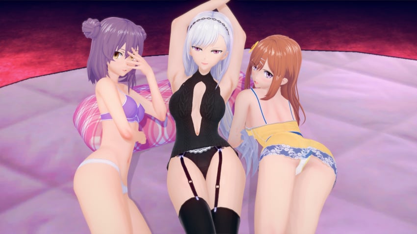 3girls bra classroom_of_the_elite cleavage_cutout dr._charlie fff_threesome garter_straps group kiryuuin_fuuka koikatsu legs_together lingerie navel nazuna_asahina notpistol panties purple_hair tachibana_akane_(cote) threesome white_hair youkoso_jitsuryoku_shijou_shugi_no_kyoushitsu_e