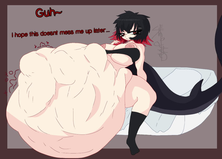 1girls ambiguous_prey big_breasts breasts breasts_out dialogue digestion_noises ellen_joe hyper hyper_belly mostly_nude multiple_prey red_eyes shark shark_girl shark_humanoid shark_tail shoggothiccnsfw sitting speaking stomach_deformation stomach_noises struggling_prey text thick_thighs vore vore_belly zenless_zone_zero