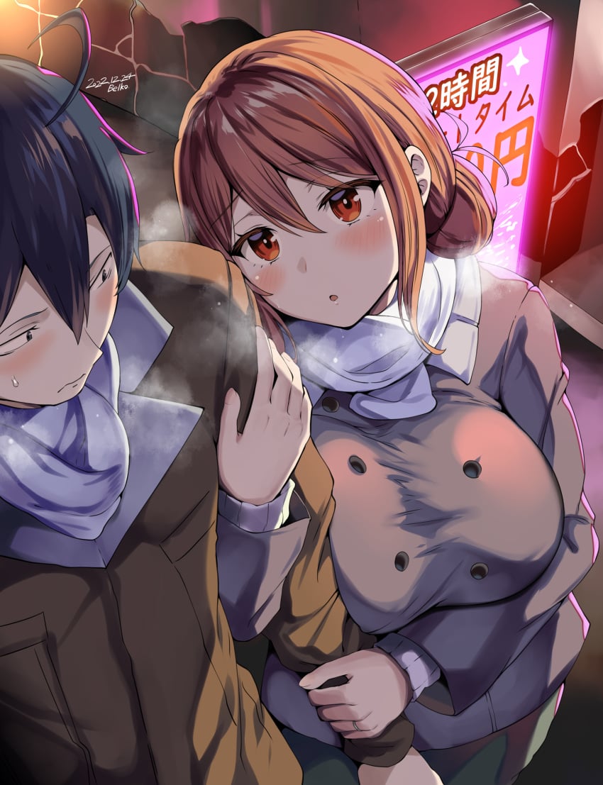 1boy 1girls arm_grab arm_lock attractive belko big_breasts breasts brown_eyes clinging coat cold dark_hair grey_eyes hair_bun hikigaya_hachiman horny horny_female horny_male large_breasts light-skinned_female light-skinned_male light_brown_hair looking_at_partner milf my_teen_romantic_comedy_snafu nervous nervous_expression nervous_male older_female pressing_breast_on_partner scarf steam steamy steamy_breath stimulation taller_male younger_male yuigahama_yui's_mother