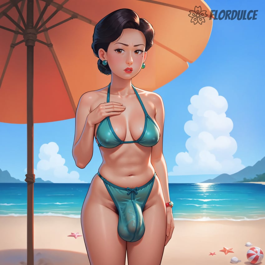 1futa ai_generated annoyed beach bikini black_hair brown_eyes covered_penis earrings flaccid flaccid_penis flordulce futa_only futanari milf ming_lee mole mole_under_eye outdoors penis penis_under_clothes pubic_hair pubic_hair_peek solo_futa standing turning_red