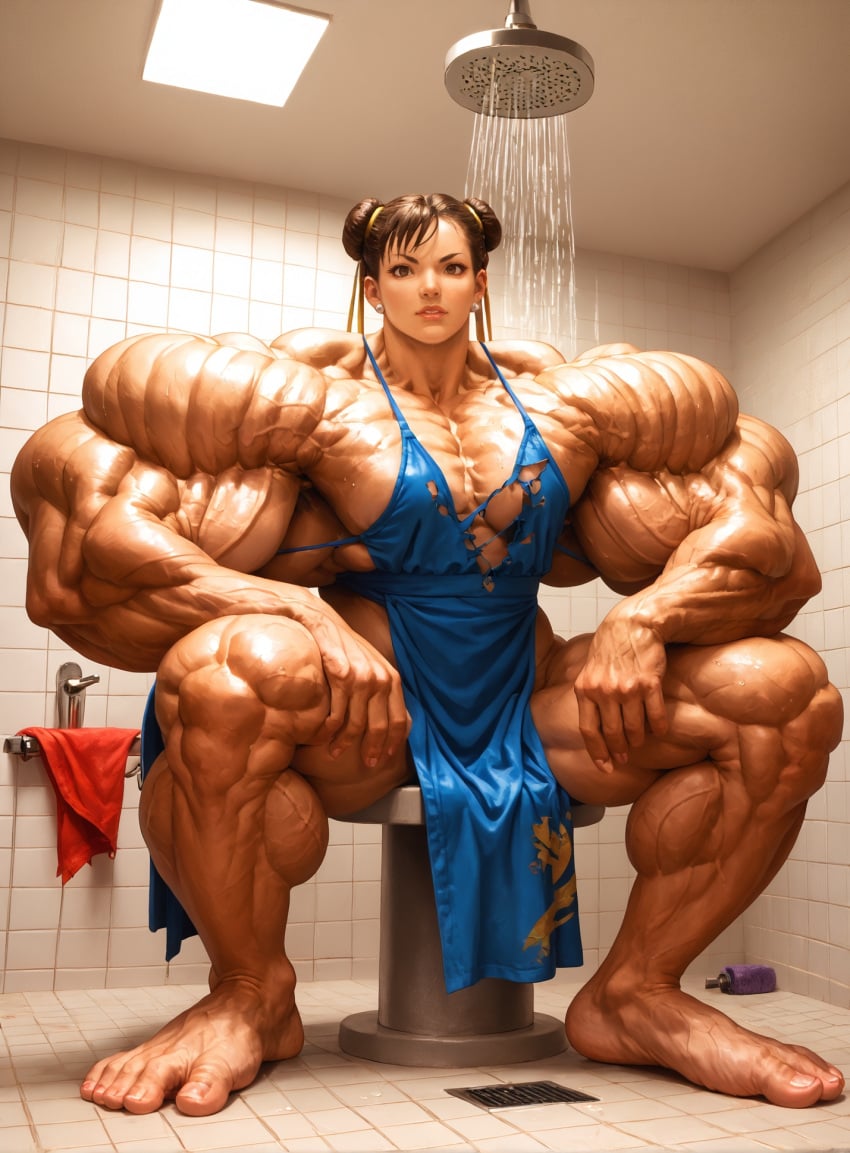 ai_generated barefoot big_feet chun-li damoclessss hyper_muscles muscular_female sitting street_fighter