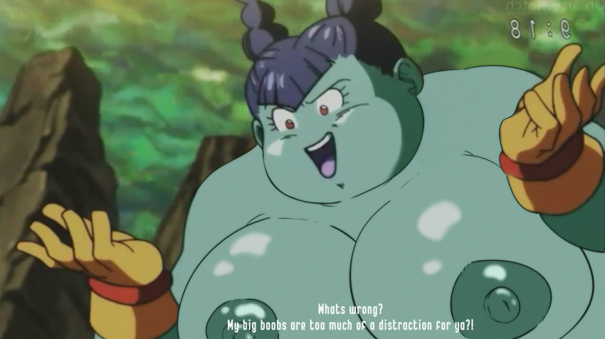 1girls alien areolae ass blue_hair breasts dragon_ball dragon_ball_super edit female gloves green_skin huge_ass huge_breasts jodero monna nipples nude nude_filter outdoors overweight overweight_female purple_hair red_eyes screencap short_hair source_request text thick_thighs twintails watermark what wide_hips