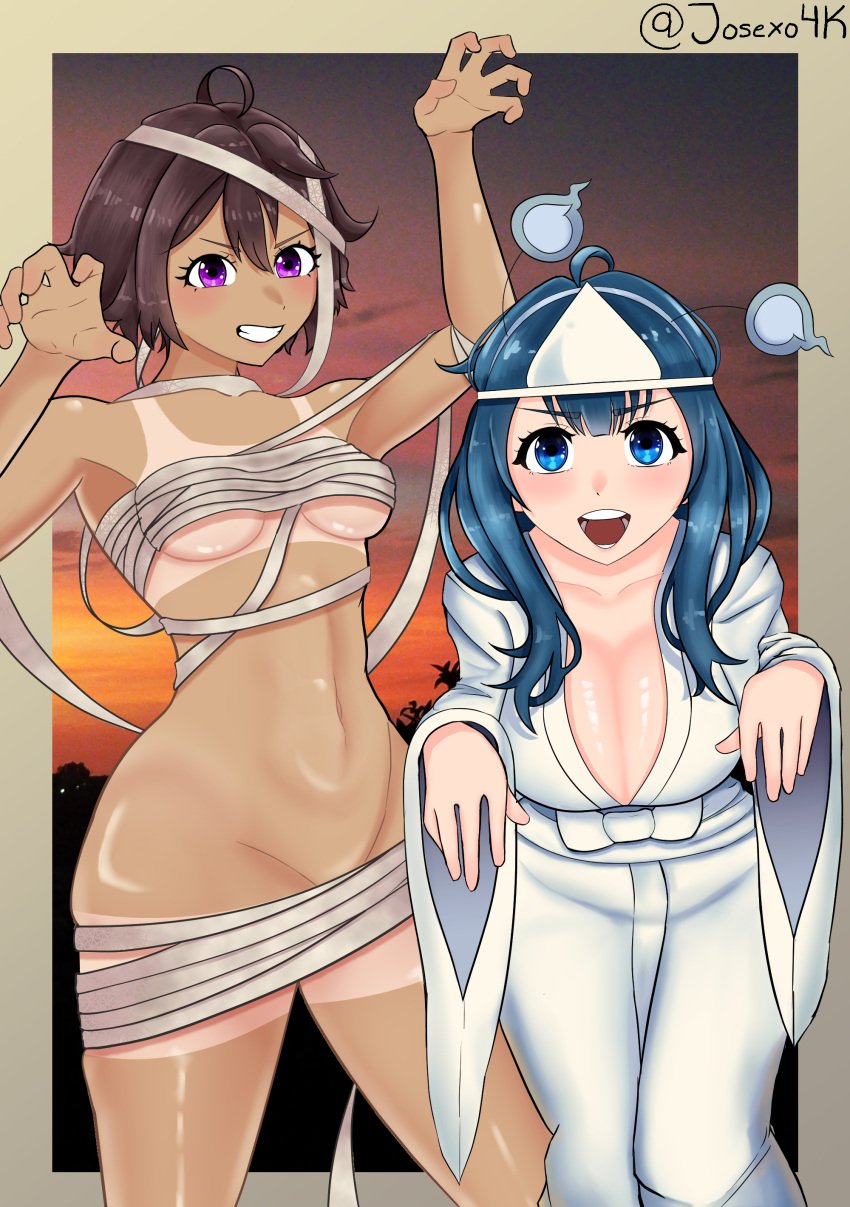 2girls almost_naked almost_nude bandage bandaged_chest bandages belly big_breasts blue_eyes blue_hair brown_hair dark-skinned_female ghost ghost_costume ghost_girl halloween halloween_2024 halloween_costume halloween_theme high_resolution highres josexo4k looking_at_viewer make_heroine_ga_oo_sugiru! mummy mummy_costume mummy_girl open_mouth purple_eyes scary small_belly small_breasts smiling_at_viewer sunset tanned tanned_skin white_clothing yakishio_lemon yanami_anna