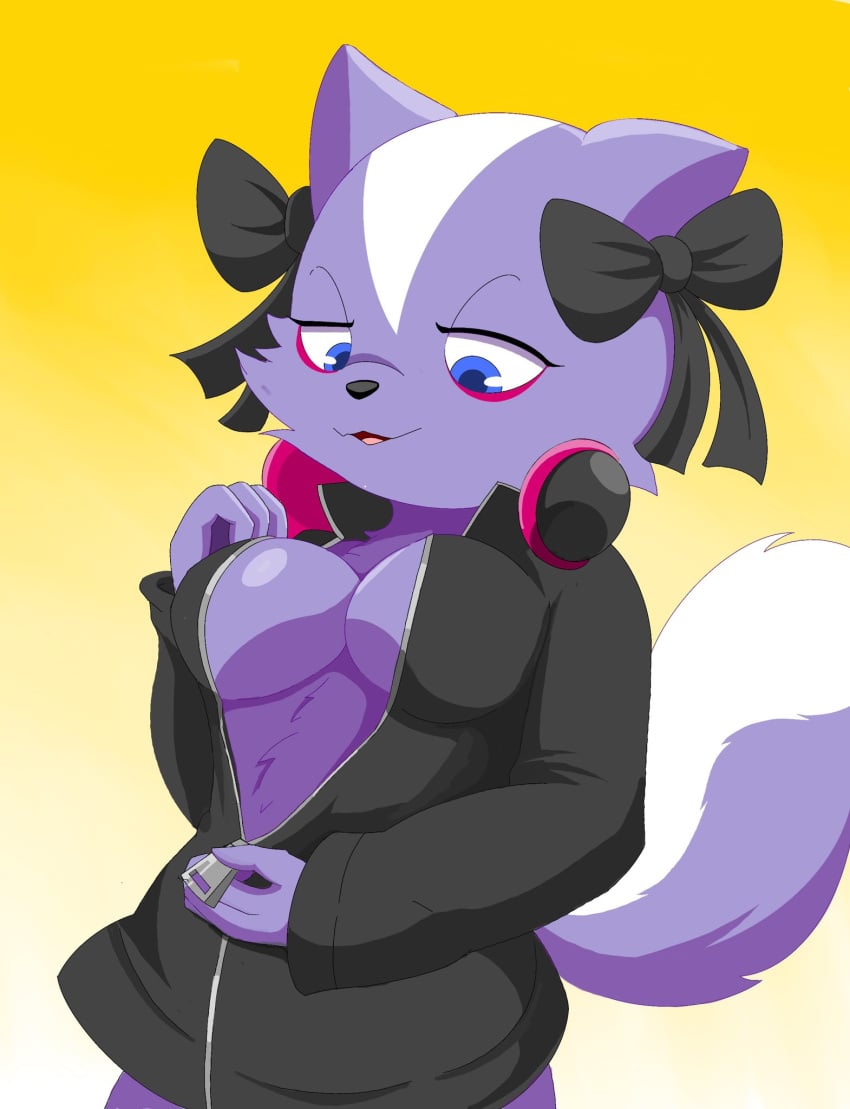 1girl 1girls 2023 2023s absurd_res absurdres accessory aggressive_retsuko aggretsuko alternative_fashion anthro big_breasts blue_eyes bottomless bow_accessory bow_ribbon breasts clothed clothing digital_media_(artwork) electronics female female_focus female_only fur furry furry_female hair hair_accessory hair_ribbon hairbow half-closed_eyes headphones hi_res j-fashion jacket jacket_only jirai_kei looking_down mammal markings mephitid narrowed_eyes netflix open_mouth purple_body purple_fur purple_hair ribbon ribbons sanrio shikabane shikabane_(aggressive_retsuko) shikabane_(aggretsuko) skunk solo solo_female solo_focus striped_body striped_fur striped_markings striped_tail tail tail_markings topwear topwear_only unzipping white_body white_fur white_hair zebra10045