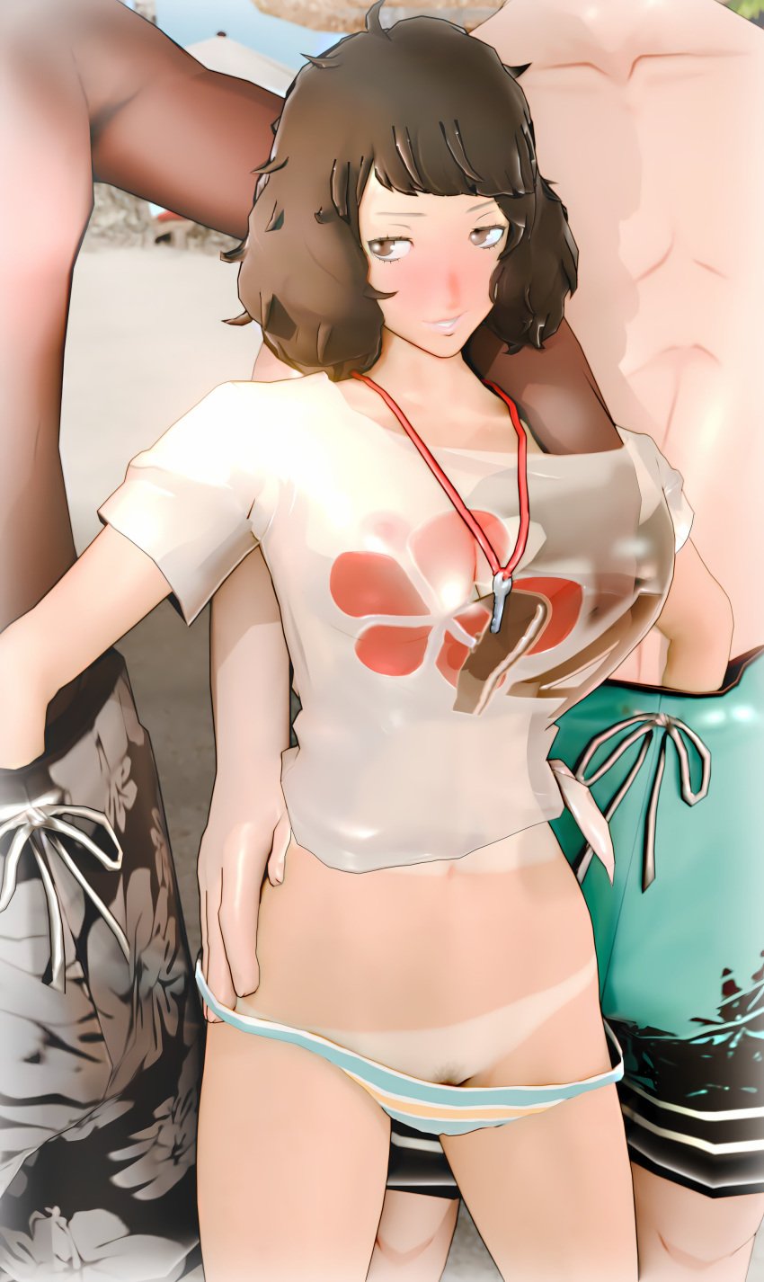 3d atlus beach blush breasts_visible_through_clothing brown_hair groping groping_breasts groping_from_behind groping_through_clothes hand_on_ass hand_on_breast hand_on_butt hand_on_penis hand_under_clothes hand_under_panties hand_under_shirt manhandling milf outdoors panties_down persona persona_5 public public_use sadayo_kawakami see-through see-through_clothing short_hair swimsuit tan_lines teacher translucent_clothing xelandis