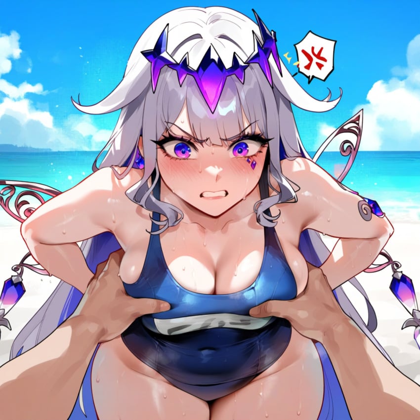 1boy 1girls ai_generated anger_vein angry bangs beach blue_sky blue_swimsuit blush breast_grab breasts cleavage cloud day grabbing groping highleg hololive hololive_english hololive_japan koseki_bijou long_hair looking_at_viewer medium_breasts ocean one-piece_swimsuit outdoors pov purple_eyes silver_hair sky solo_focus spoken_anger_vein swimsuit thighs virtual_youtuber wet