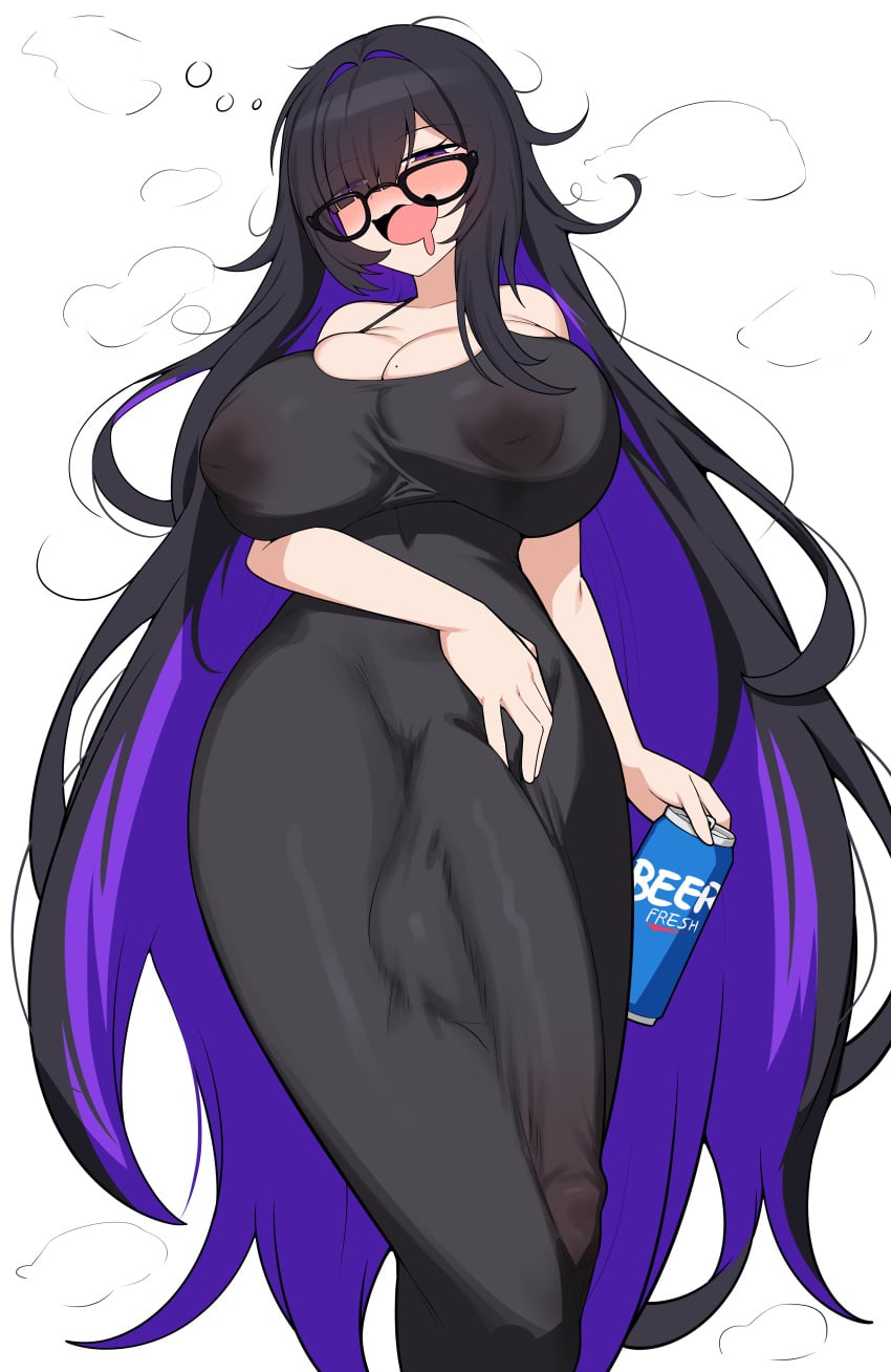 :d absurdres arm_at_side arm_behind_back bare_shoulders beer_can black-framed_eyewear black_dress black_hair bluerabbit_gap blush breasts bulge bulge_through_clothing can collarbone colored_inner_hair commentary covered_nipples covered_penis covered_testicles dress drink_can drooling drunk eyes_visible_through_hair feet_out_of_frame female futanari glasses goddess_of_victory:_nikke hair_over_one_eye half-closed_eyes halter_dress halterneck hand_on_own_stomach highres holding holding_can huge_breasts huge_cock inverted_nipples label_(nikke) long_dress long_hair looking_at_viewer looking_over_eyewear mole mole_on_breast mouth_drool multicolored_hair nipples no_bra nose_blush open_mouth penis purple_eyes purple_hair see-through_clothes see-through_dress simple_background sleeveless sleeveless_dress smile solo squeans steaming_body two-tone_hair very_long_hair wavy_mouth white_background