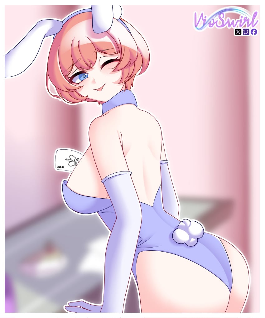 bunny_ears bunny_girl bunny_tail bunnysuit doki_doki_literature_club looking_at_viewer looking_back looking_back_at_viewer poker_cards sayori_(doki_doki_literature_club) vioswirl