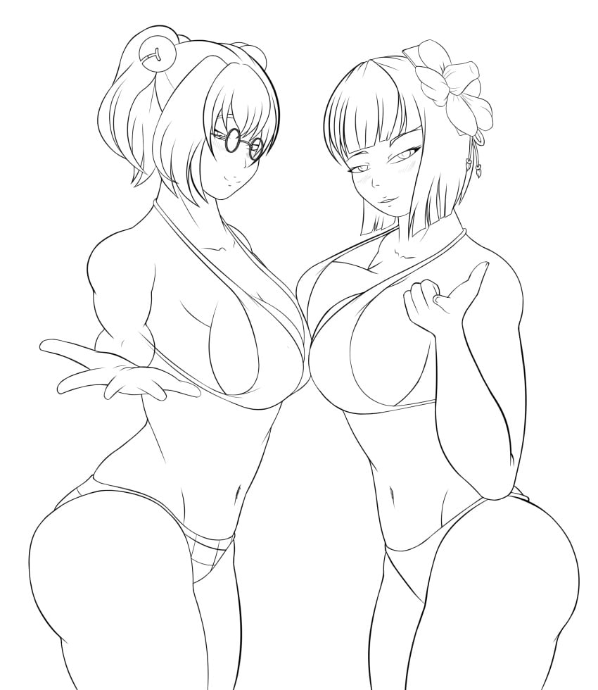 2girls beckoning bell bikini breasts checkered error flower glasses hieda_no_akyuu kosuzu_motoori large_breasts monochrome morbo22 older short_hair smile touhou wink