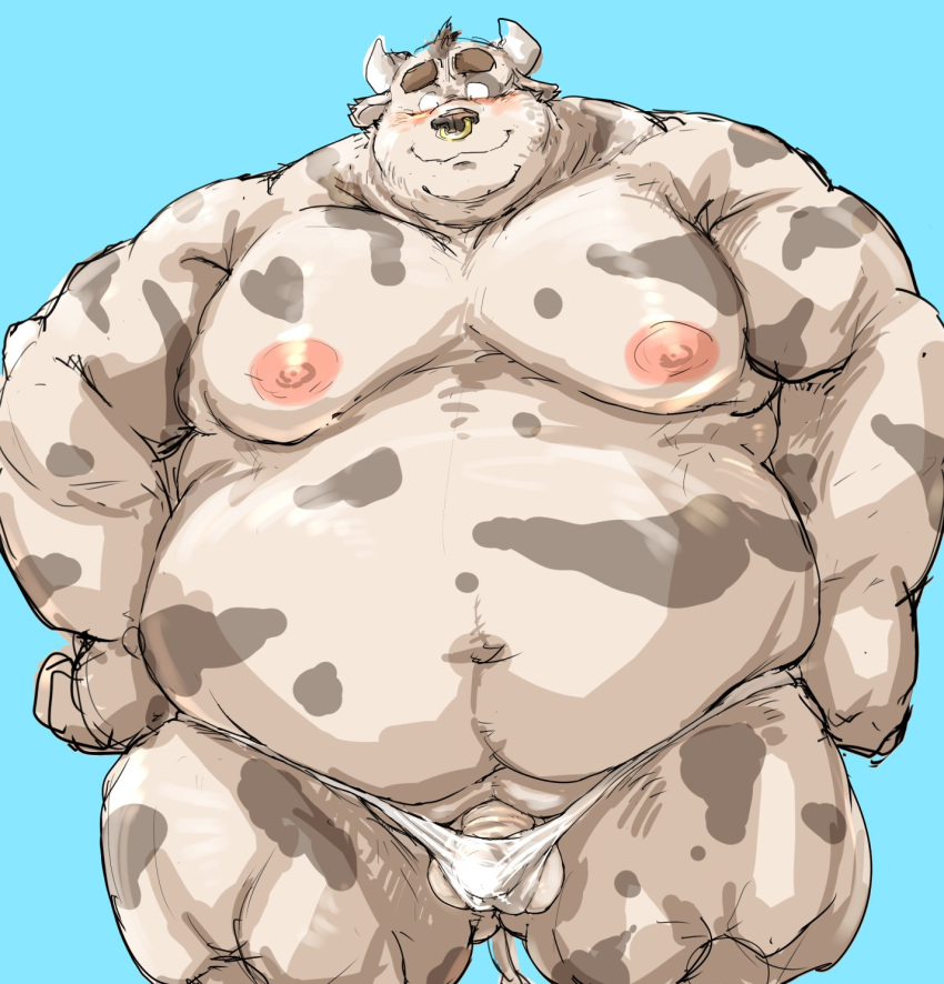 2019 anthro balls belly blue_background blush bovid bovine bulge cattle clothing flaccid hi_res humanoid_hands kotobuki male mammal moobs navel nipples obese overweight penis simple_background underwear