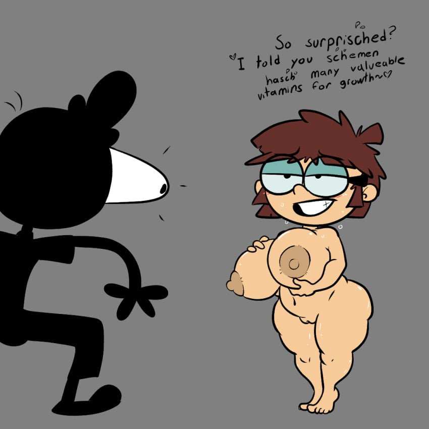 barefoot blush booba_(meme) breast_hold breasts brown_hair bulge dialogue english_text feet female glasses large_breasts lincoln_loud lisa_loud meme nickelodeon nude pussy short_hair sl0th sweat text the_loud_house thick_thighs thighs wide_hips