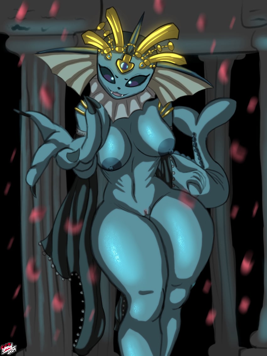 3:4 akasha_(queen_of_the_damned) anthro areola beckoning belly_dance blue_areola blue_body blue_eyes blue_nipples blue_sclera blue_skin breasts crown dancing dark_sclera drow462 ear_fins ear_frill fangs female fin fin_frill frill_(anatomy) genitals gesture glowing glowing_eyes gold_(metal) gold_crown gold_jewelry hand_outstretched headgear hi_res jewelry looking_at_viewer marine night nintendo nipples nude nude_anthro offering_hand offering_to_viewer petals pillar pokemon pussy queen queen_of_the_damned royalty scales seducing_viewer seductive smile smiling_at_viewer solo tail teeth thick_thighs vampire vaporeon wide_hips