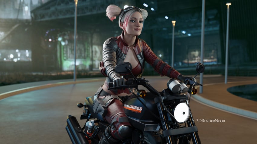 blender_(software) colored_hair dc_comics harley_davidson harley_quinn harley_quinn_(injustice) motorcycle side_ponytail solo_female twintails