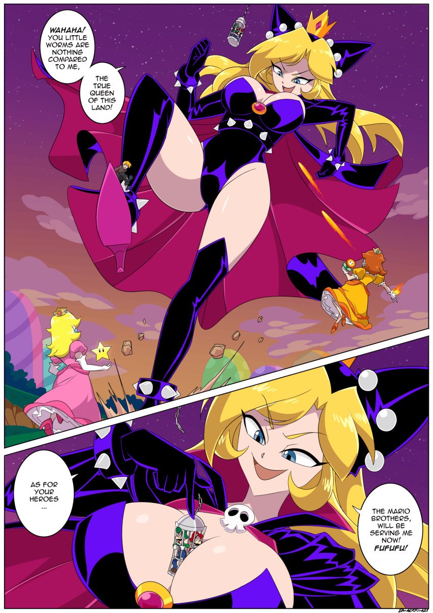 2boys 2d_artwork 3girls between_breasts big_breasts big_hips black_clothing blonde_hair blue_eyes boots cape comic crown dangerking11 digital_drawing_(artwork) dominant_female elbow_gloves english_text evil_smile fangs giant_breasts giantess gigantic_female growing grown_up growth high_heel_boots high_heels hips large_female legs light_skinned_female long_boots looking_down luigi mario mario_(series) mischievous_smile outside princess_daisy princess_peach purple_sky skull spiked_bracelet stomping super_mario_bros. thigh_boots thigh_high_boots thigh_highs thighs tight_clothing trapped_in_breasts wapeach