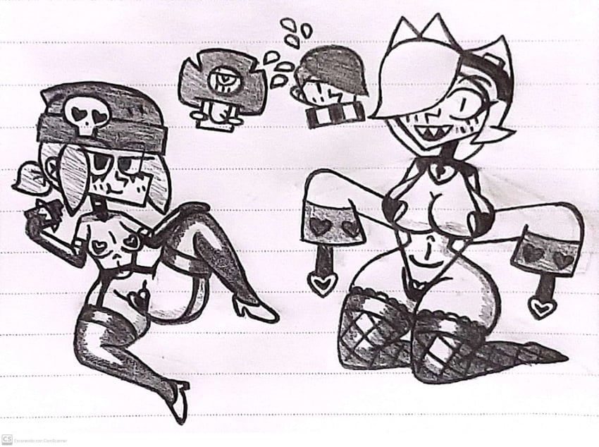 big_breasts bikini black_and_white brawl_stars colette_(brawl_stars) curvy_figure darryl_(brawl_stars) edgar_(brawl_stars) penny_(brawl_stars)