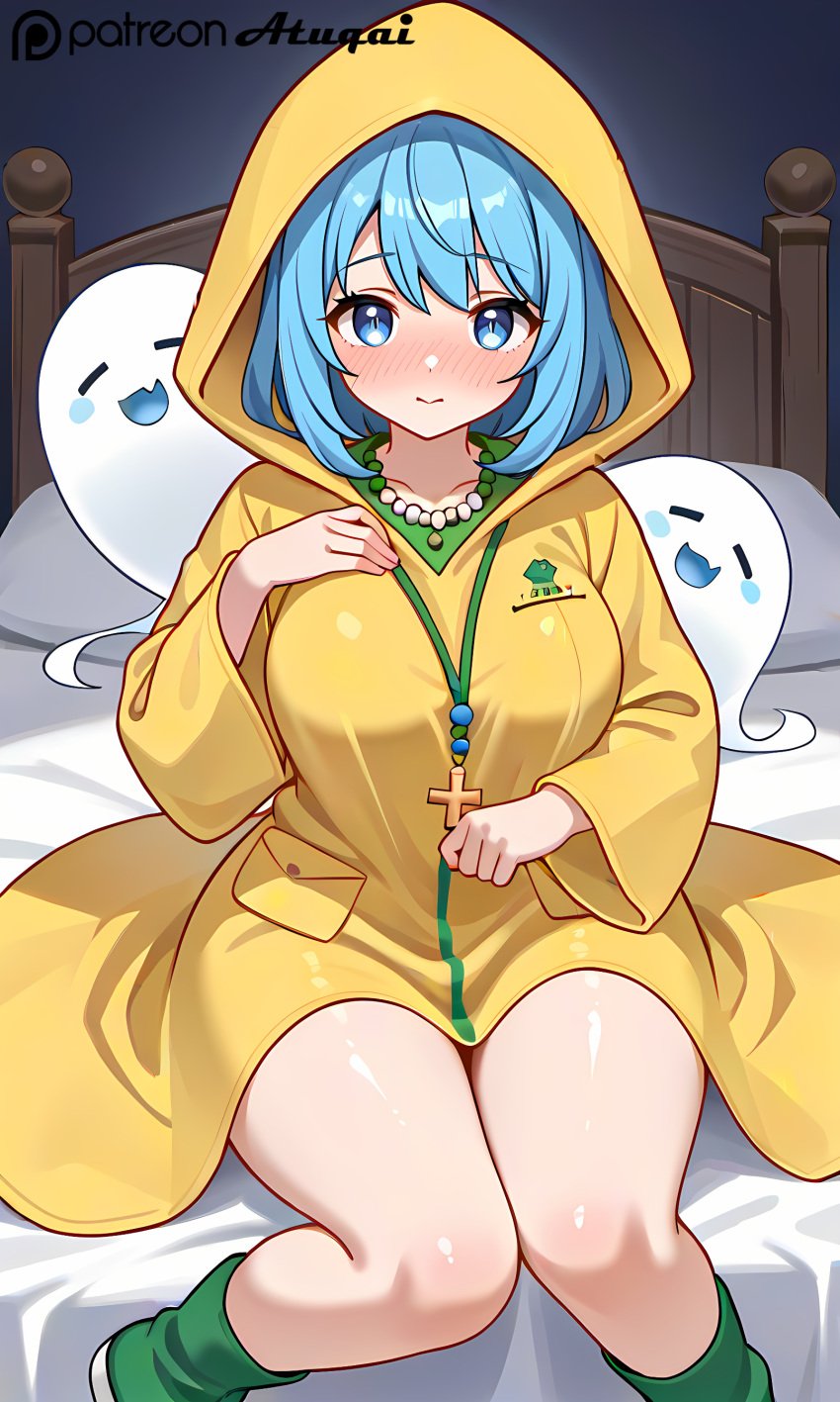 1girl 1girls ai_generated atuqai bead_necklace bedroom big_breasts blue_eyes blue_hair blush blushing christian_cross full_face_blush girl green_boots looking_at_viewer luce_(jubilee_2025) luce_(vatican) only_female shy vatican yellow_outfit