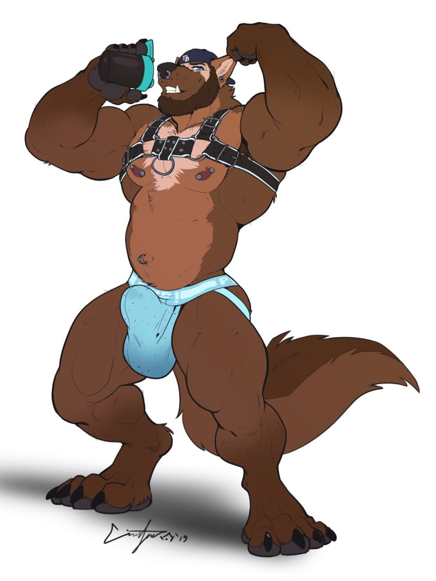 2019 anthro backwards_baseball_cap backwards_hat barbell_piercing baseball_cap beard blue_clothing blue_eyes blue_hat blue_headwear blue_jockstrap blue_underwear brown_body brown_facial_hair brown_fur brown_hair canid canine canis claws clothed clothing cscharles dated ear_piercing facial_hair facial_piercing finger_claws flexing flexing_bicep flexing_both_biceps fur gauged_ear hair harness hat headgear headwear hi_res jockstrap male mammal musclegut muscular muscular_thighs navel navel_piercing navel_ring nightterror nipple_barbell nipple_piercing nipples nose_piercing nose_ring pantsless pawpads pecs piercing ring_piercing septum_piercing septum_ring shirtless signature solo standing toe_claws underwear wolf