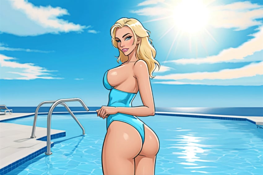 blonde_hair blue_swimsuit emma_frost large_ass looking_at_viewer marvel poolside smiling_at_viewer sunshine tight_swimsuit webart20