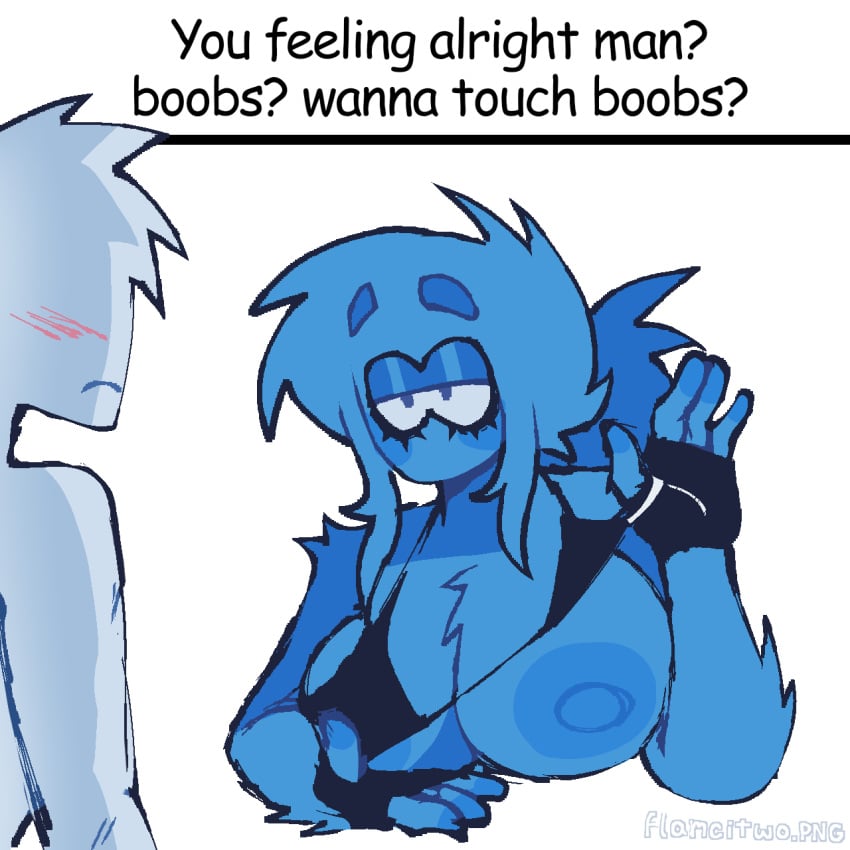 1female 1male anon big_areola big_breasts big_nipples blue_body blue_fur blue_guy_(f18) blue_hair blue_nipples blue_skin blush boobs?_wanna_touch_boobs? bra fingerless_gloves flamcitwo-png genderswap_(mtf) meme messy_hair messy_ponytail rule_63 showing_breasts taking_off_bra teasing thick_eyebrows wanna_touch_boobs? y/n