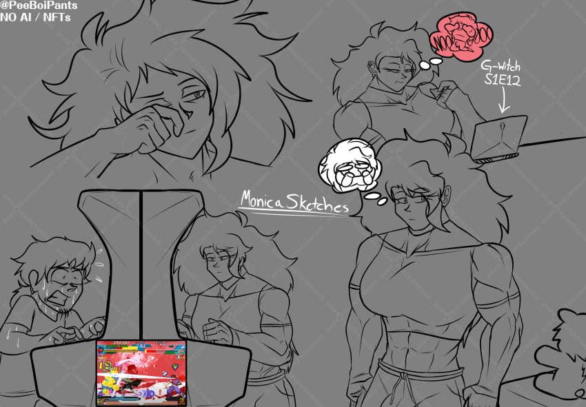 1futa 2d 2d_(artwork) abs arcade big_bulge bulge clothing marvel_vs._capcom monica_clark monochrome muscular muscular_futanari nervous nervous_sweat original tagme thespicyname thought_bubble waking_up